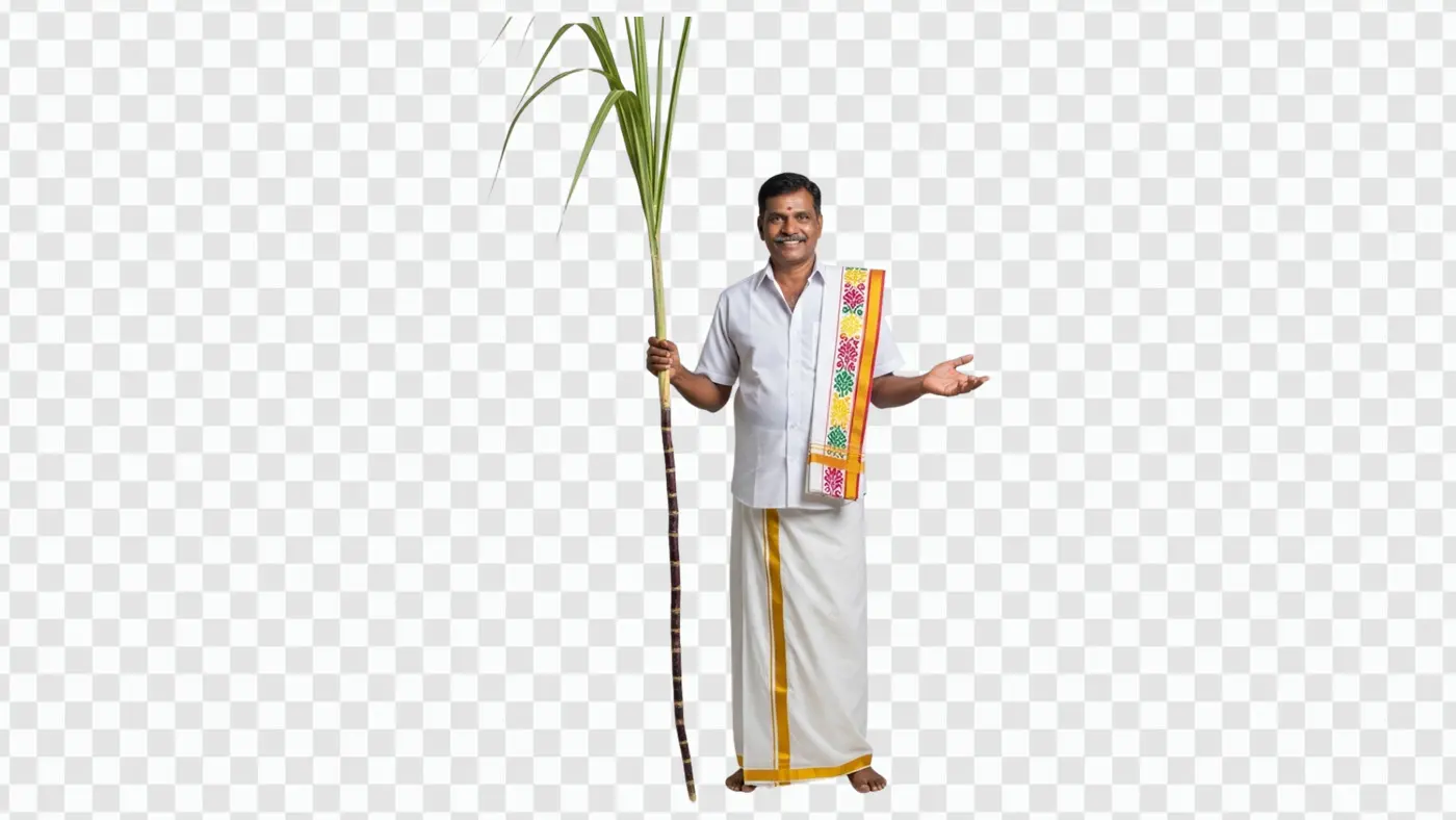 Welcoming South Indian Man in Veshti with Sugarcane PNG