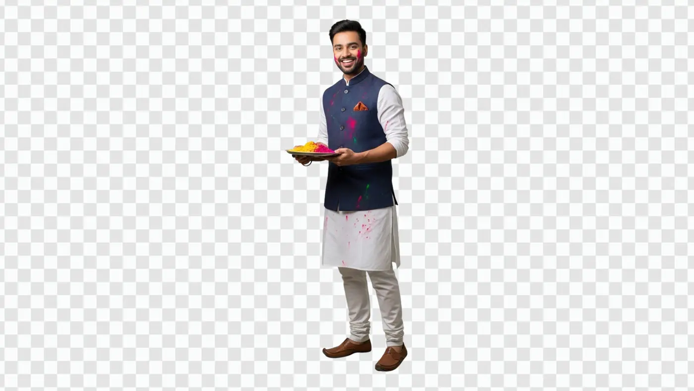 Happy Young Indian Man with Holi Gulal Thali PNG