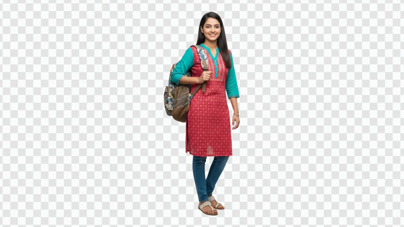 Smiling Indian Female Student with Backpack Clipart PNG