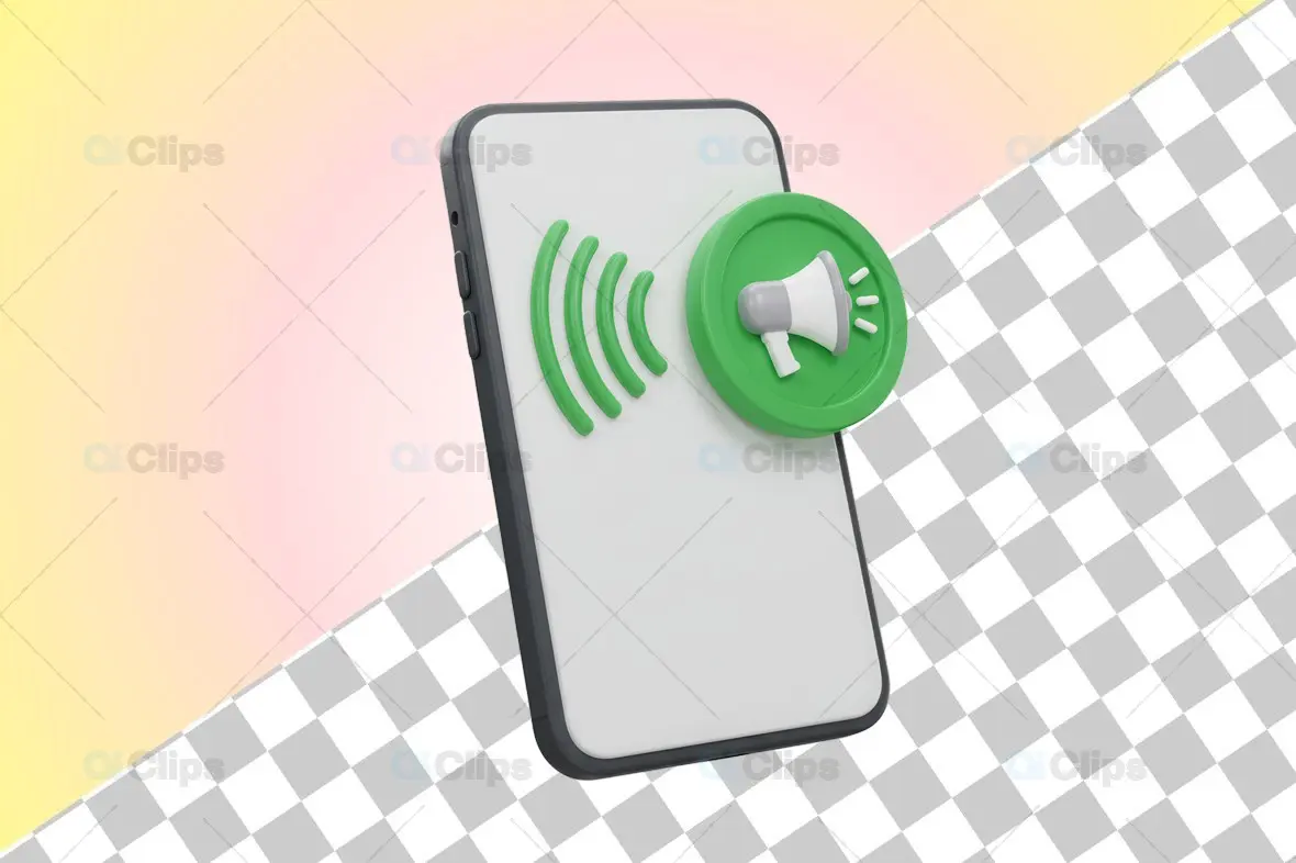 3D Smartphone with Green Megaphone Icon and Sound Waves