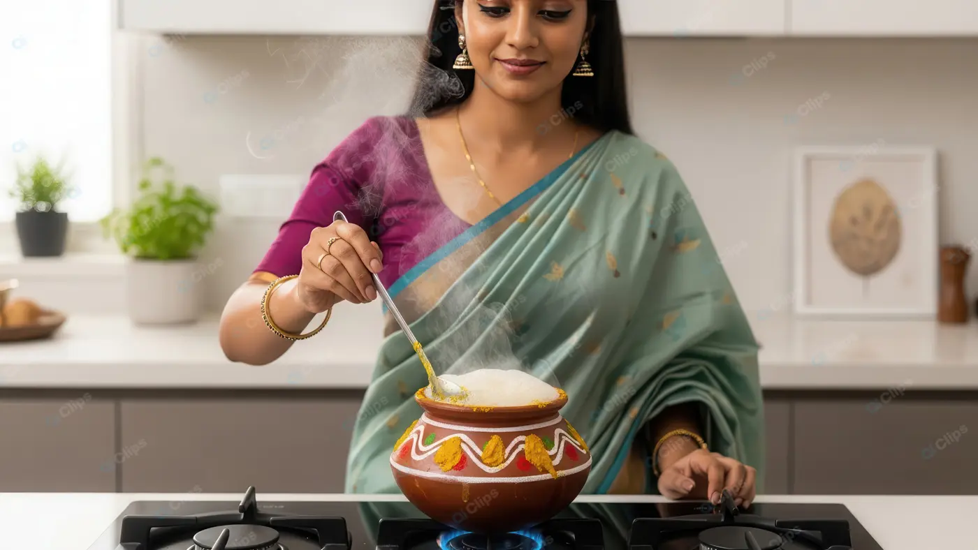 Festive Pongal Preparation in a Clay Pot