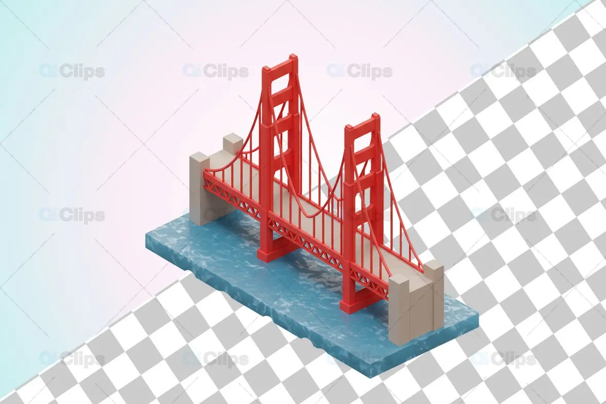 Isometric Golden Gate Bridge 3D Model Over Water