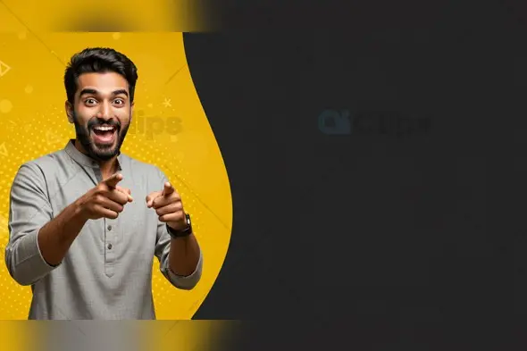 Excited Indian Man in Grey Kurta with Black and Yellow Background