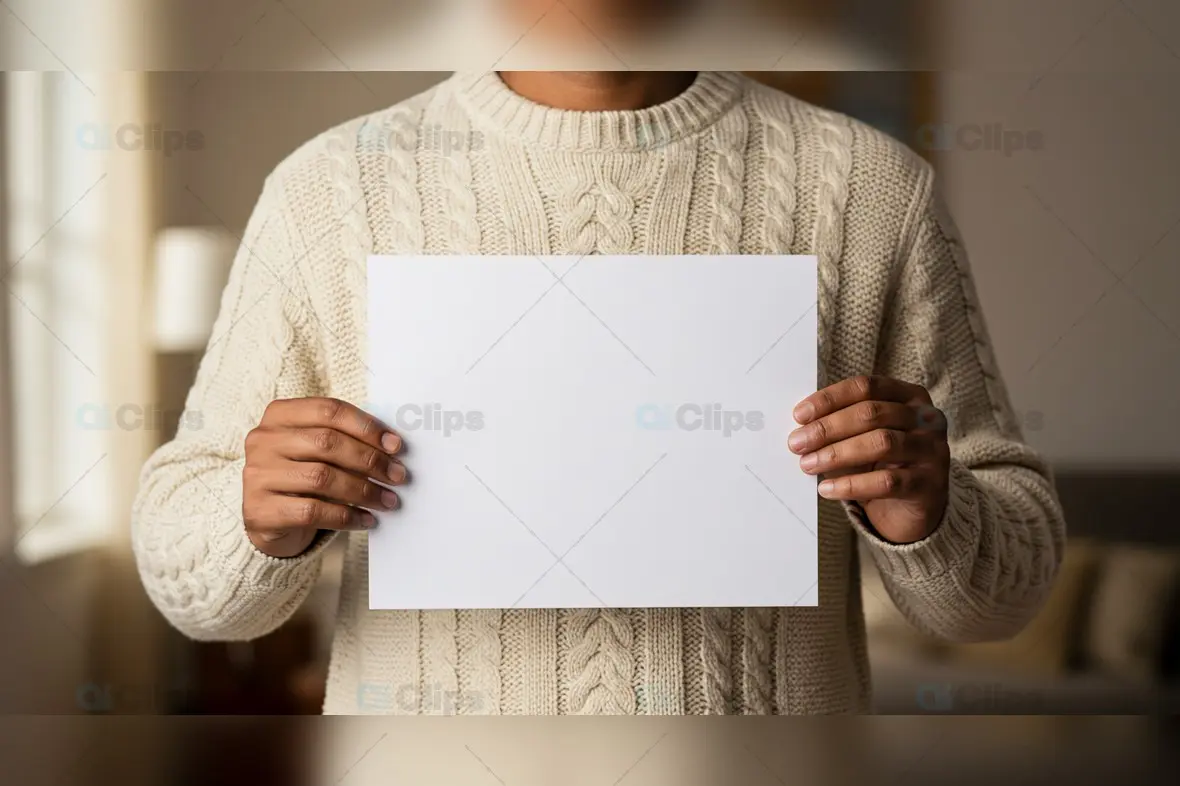 Blank A4 Paper Mockup Held by Man in Cozy Sweater