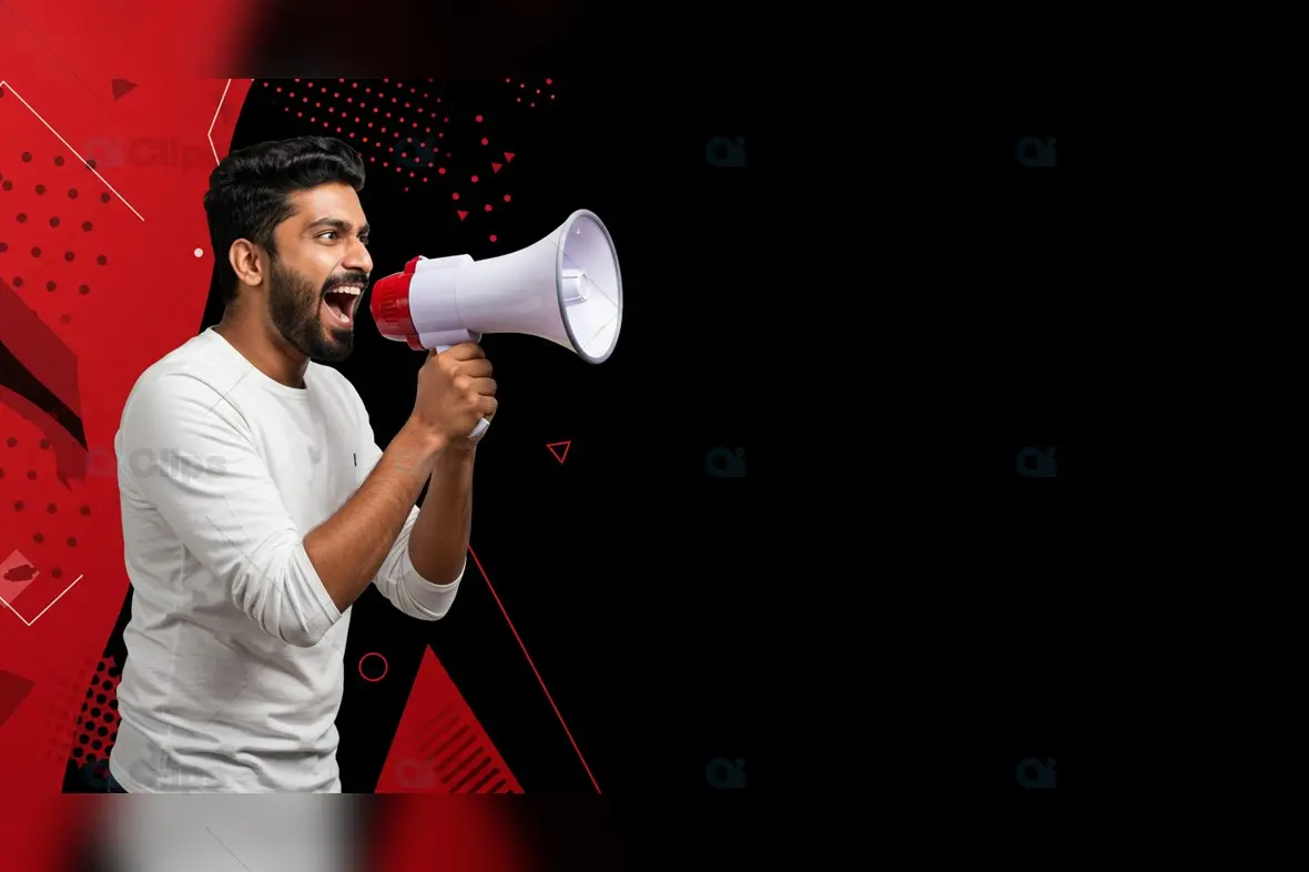 Indian Man Shouting Through Megaphone on Bold Red and Black Background