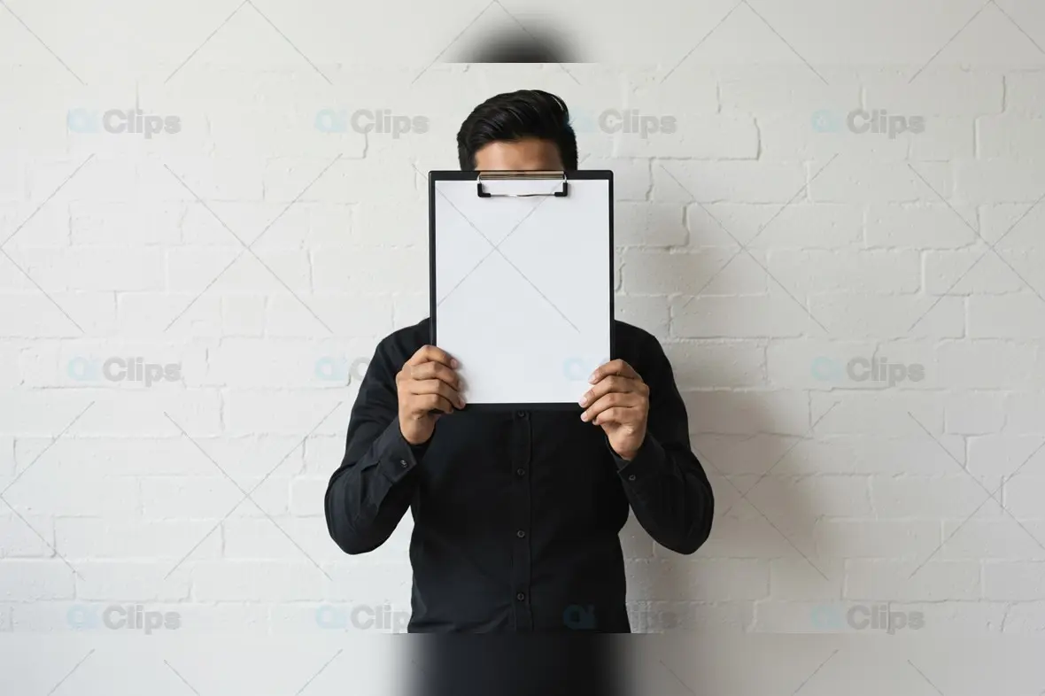Man Holding Blank Clipboard in Front of Face