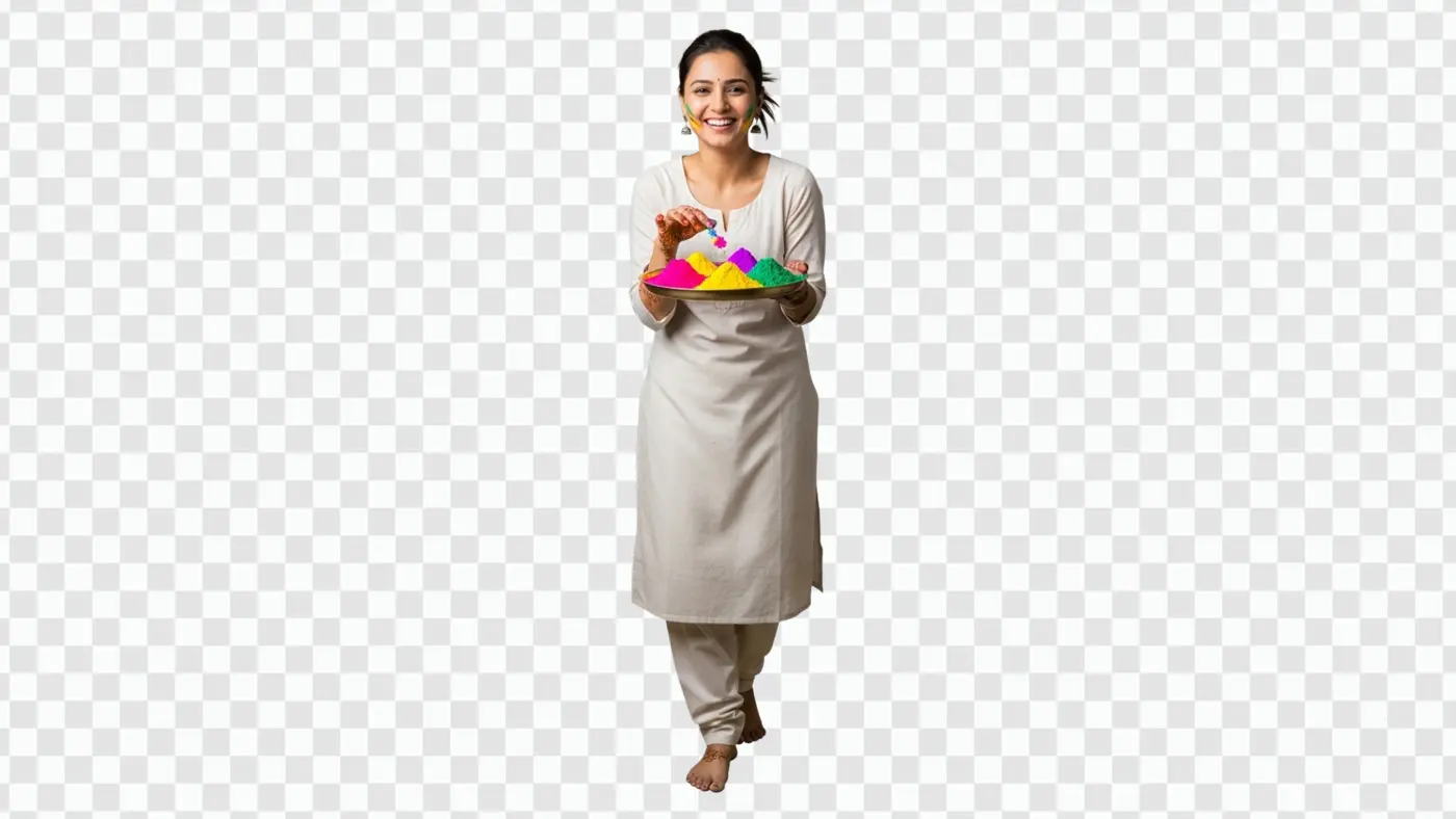 Young Indian Woman Holding Colorful Gulal Thali PNG