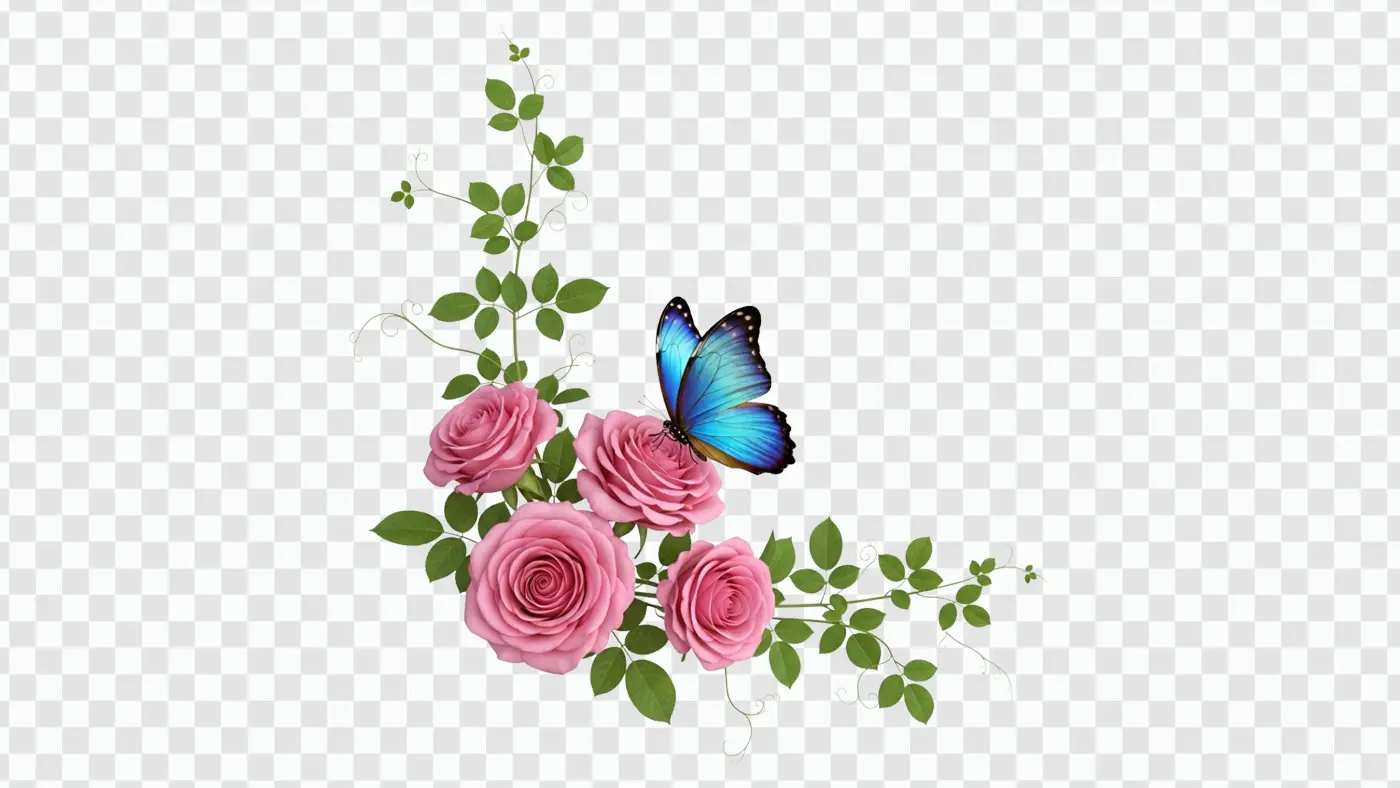 Vibrant Blue Butterfly on Pink Roses Corner Clipart