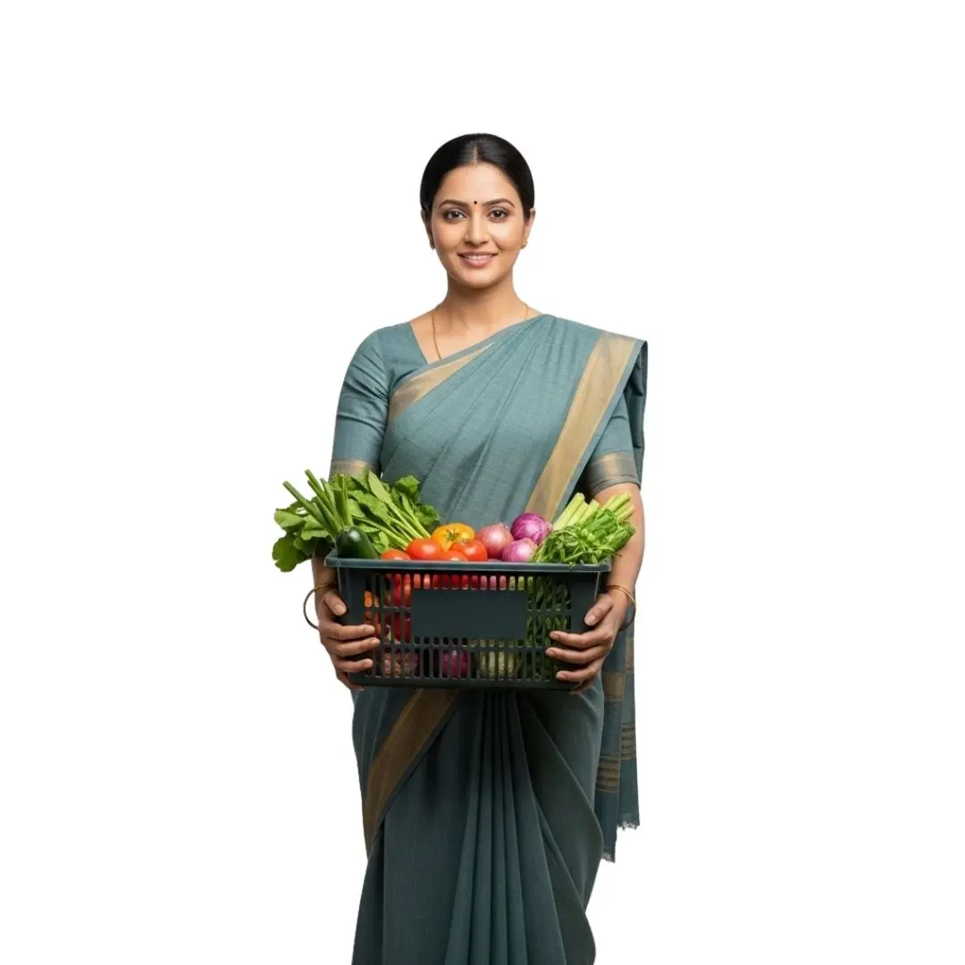 Indian Woman Holding Basket of Fresh Vegetables PNG