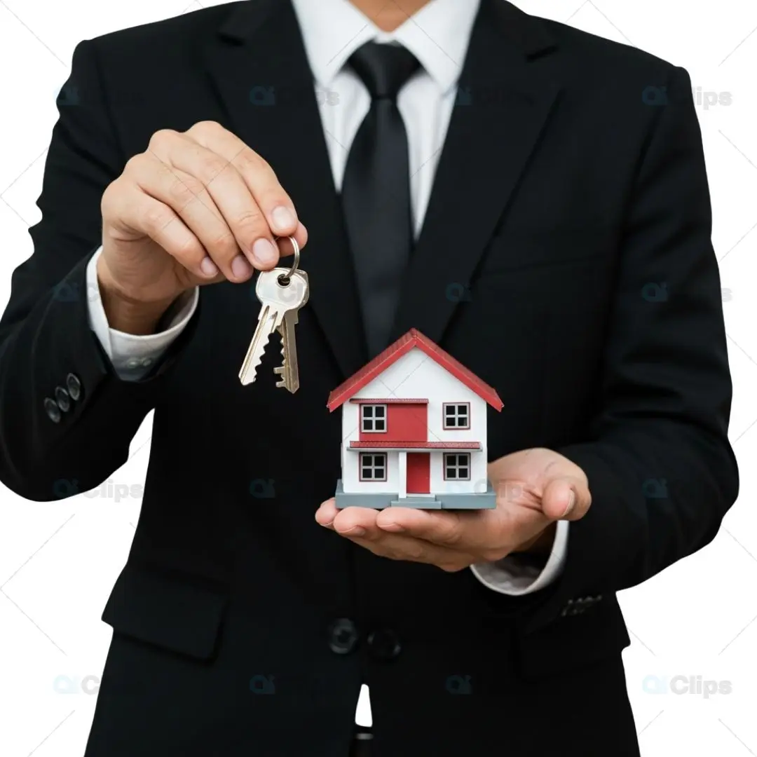 Real Estate Agent Holding Keys and House PNG Mockup