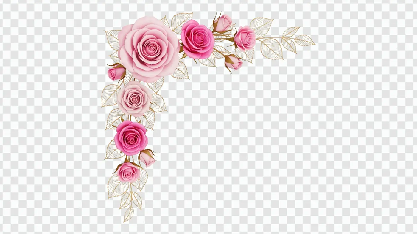Opulent Pink Roses with Stylized Gold Leaves Clipart