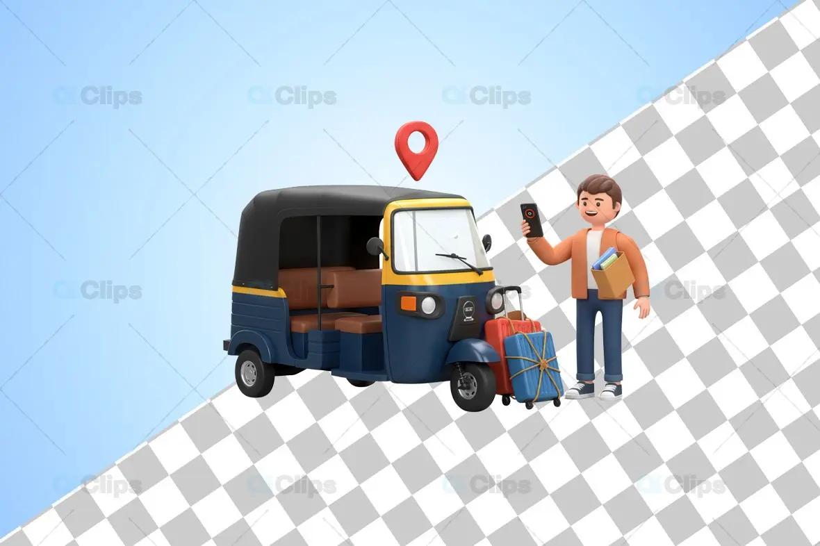3D Auto Rickshaw with Traveler and Luggage