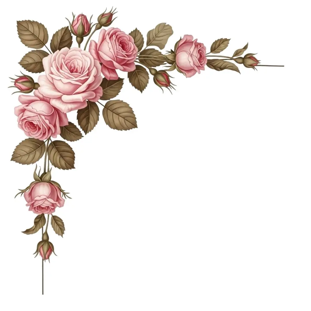 Classic Antique Pink Roses Corner Border Clipart PNG