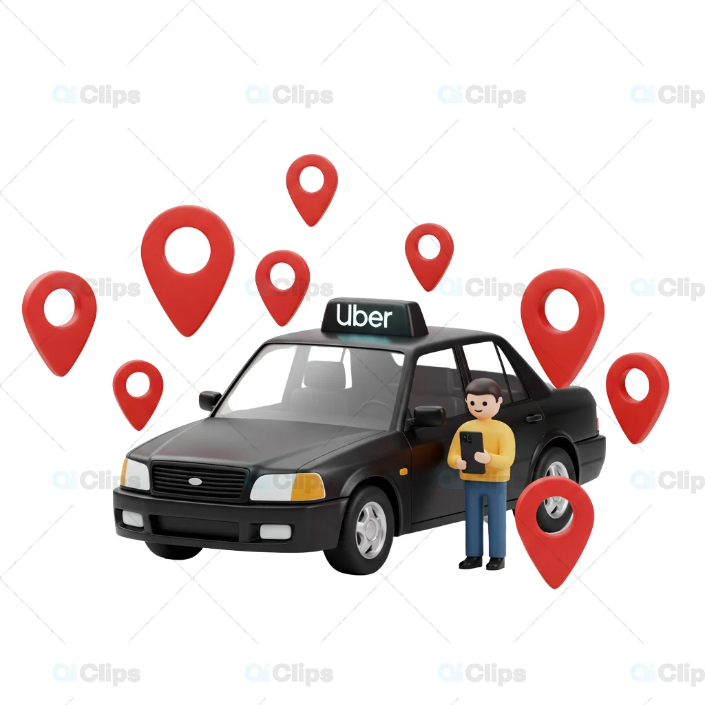 Uber Black Taxi with Driver and Location Markers 3D Illustration