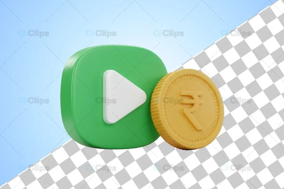 3D Play Button with Indian Rupee Coin