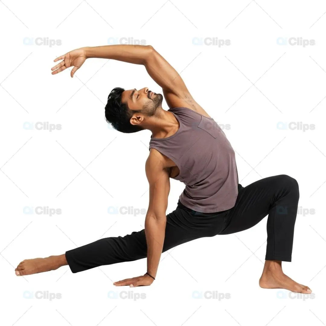 Male Yoga Practitioner in Side Bend Lunge Pose on Transparent Background