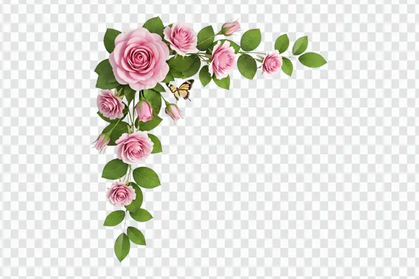 Pink Roses Floral Corner Border with Butterfly PNG Clipart