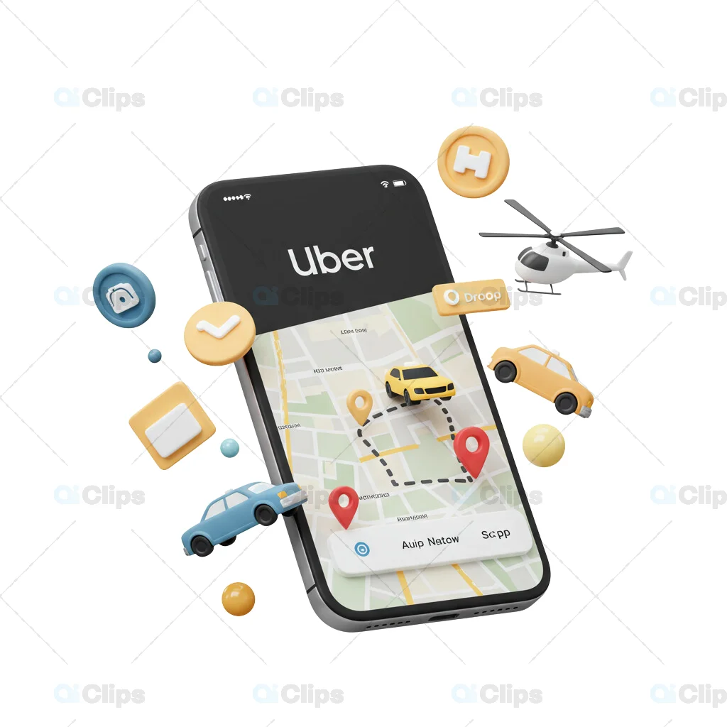 3D Uber App Navigation Illustration with Vehicle and Route Icons