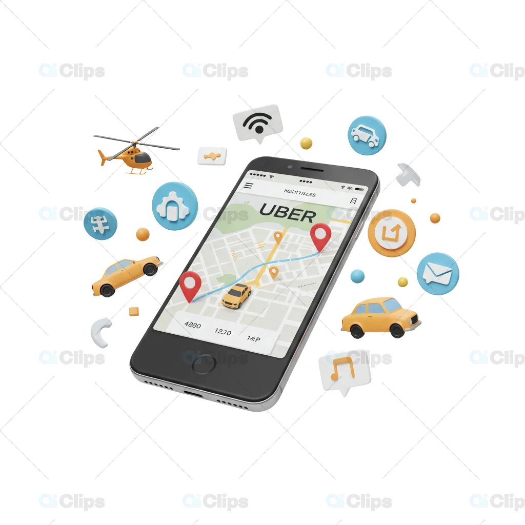 3D Uber App Interface with Map, Vehicles, and Feature Icons