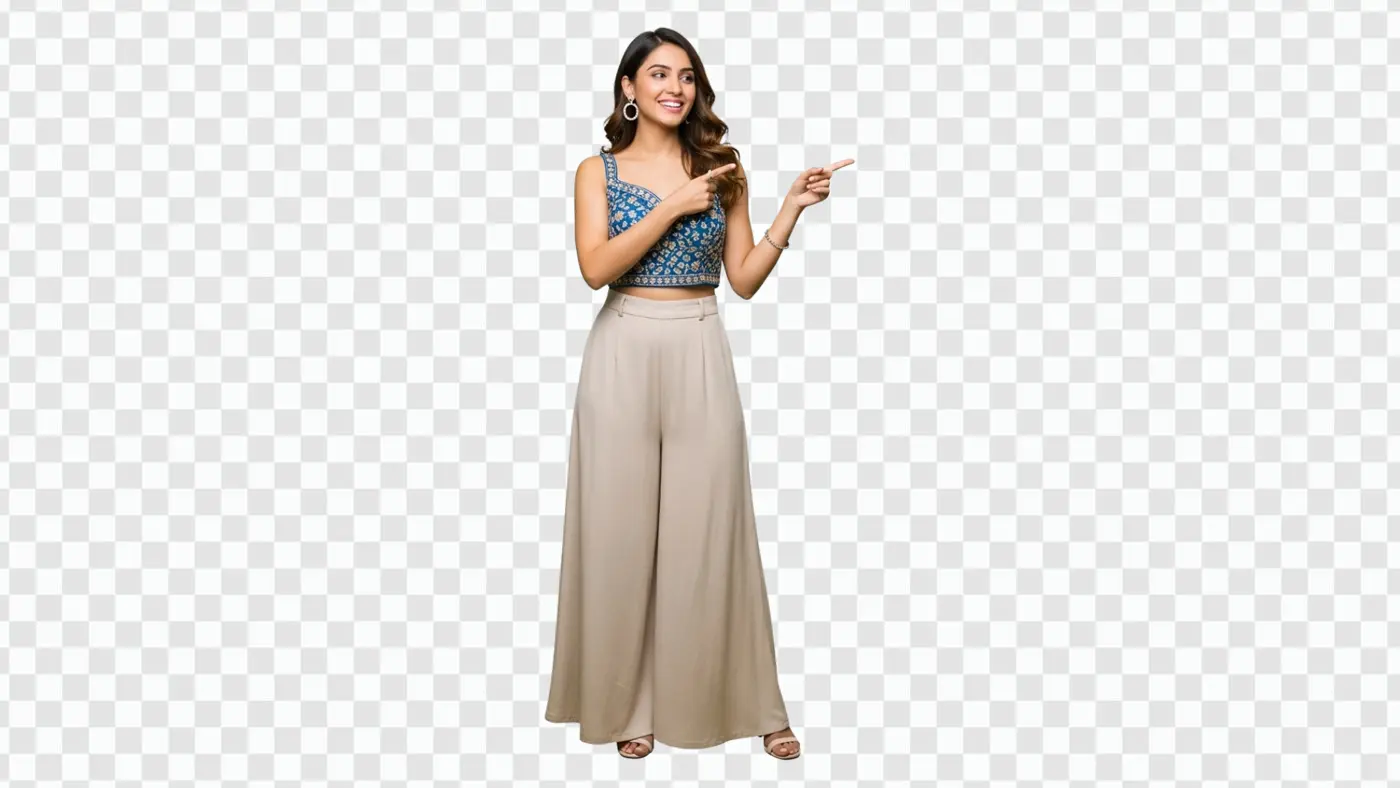 Smiling Indian Woman in Modern Ethnic Wear Pointing PNG