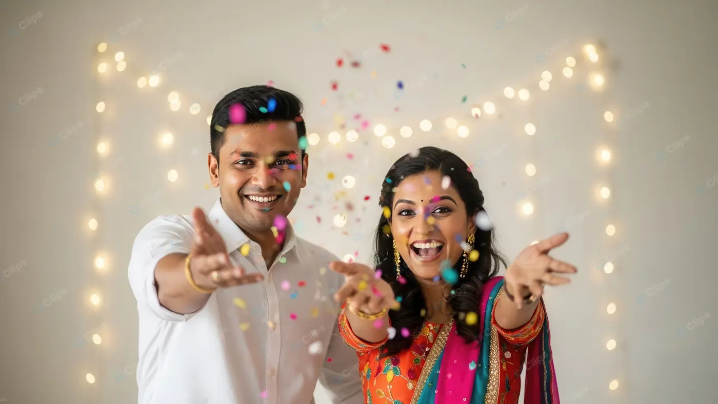 Ecstatic Indian Couple Throwing Confetti
