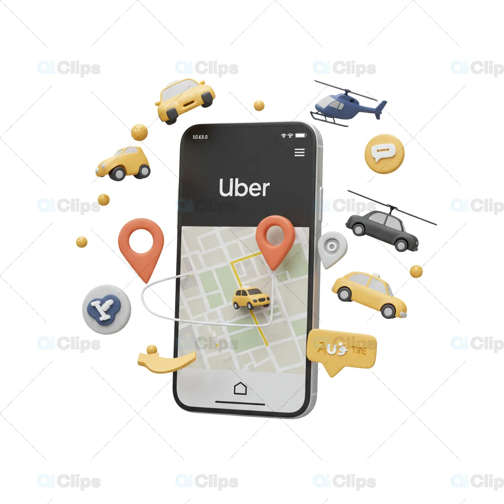 3D Uber App Interface with Transportation Icons