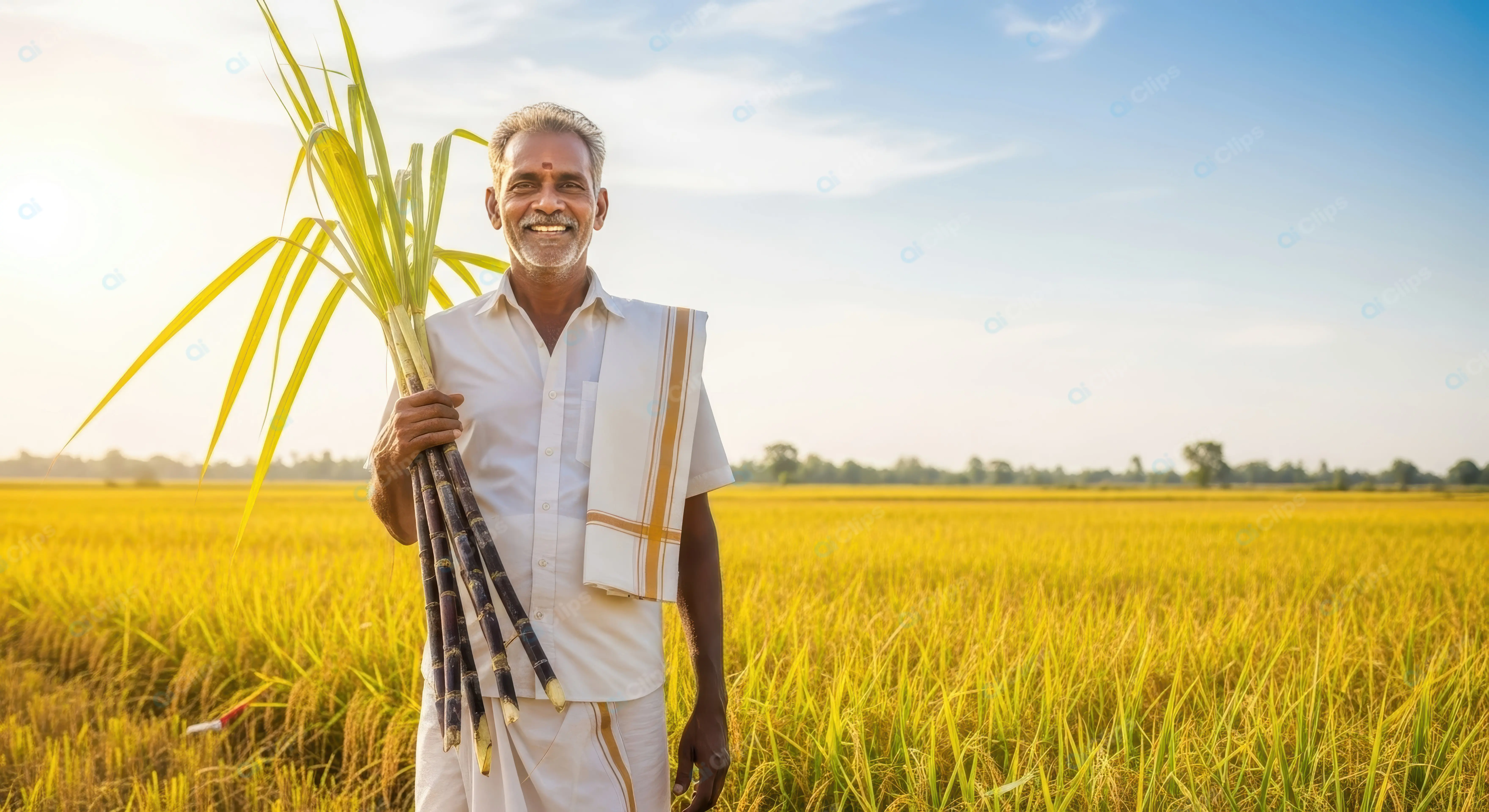 Content Indian Farmer in Golden Paddy Field