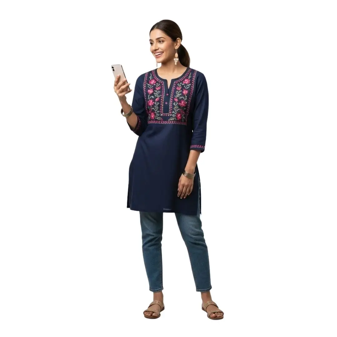 Happy Indian Woman in Kurti Using Smartphone PNG