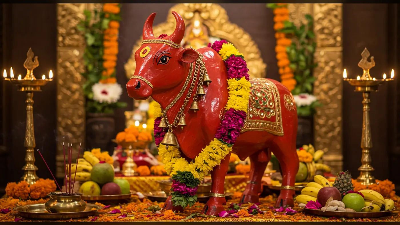 Sacred Nandi Bull Pooja Setup | AIClips Traditional Hindu Temple Background