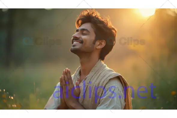Grateful Man Meditating Outdoors at Sunset
