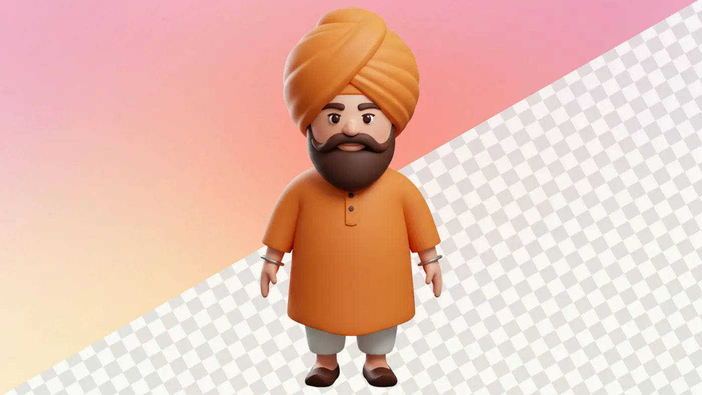 3D Sikh character orange kurta turban beard cartoon