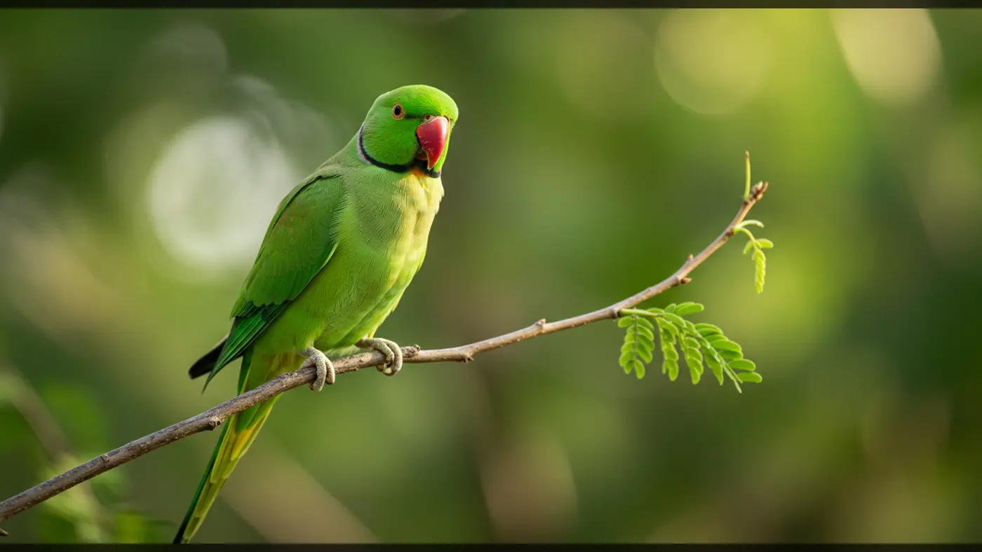 Indian Ringneck Parrot Perched on Branch in Natural Green Habitat