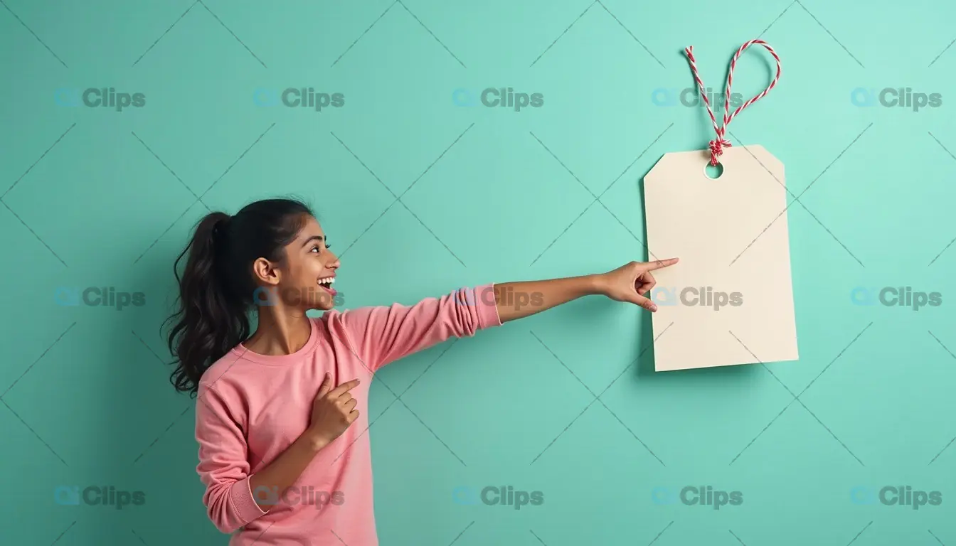 Young Woman Pointing at a Blank Tag on a Green Background
