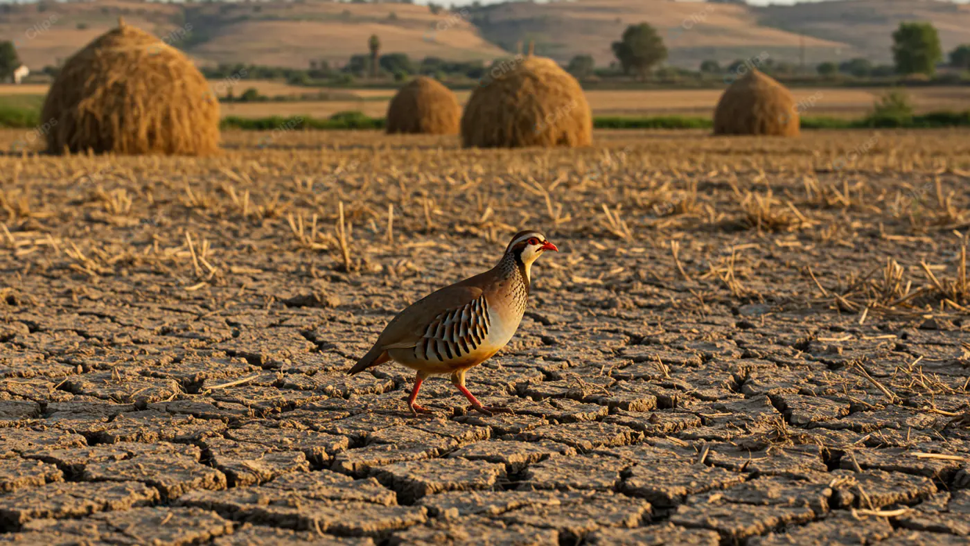Red-Legged Partridge in Drought-Stricken Field