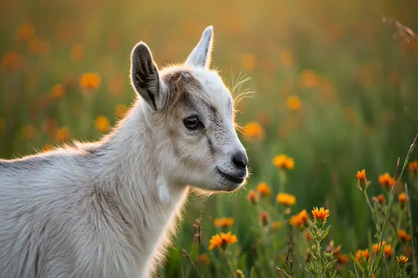 Adorable Baby Goat Standing in Flower Field at Golden Hour