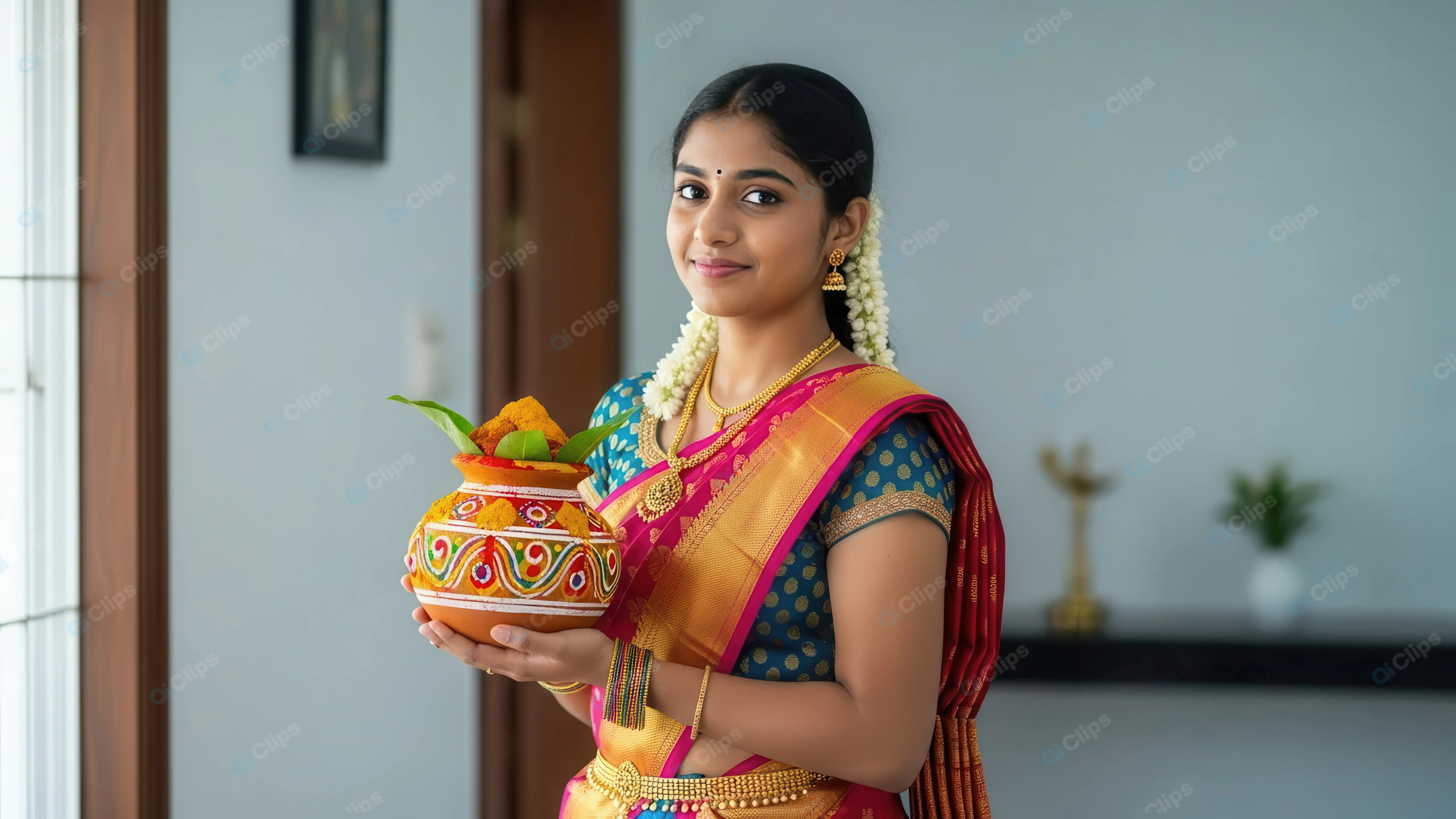 Graceful Indian Woman with Festive Offering