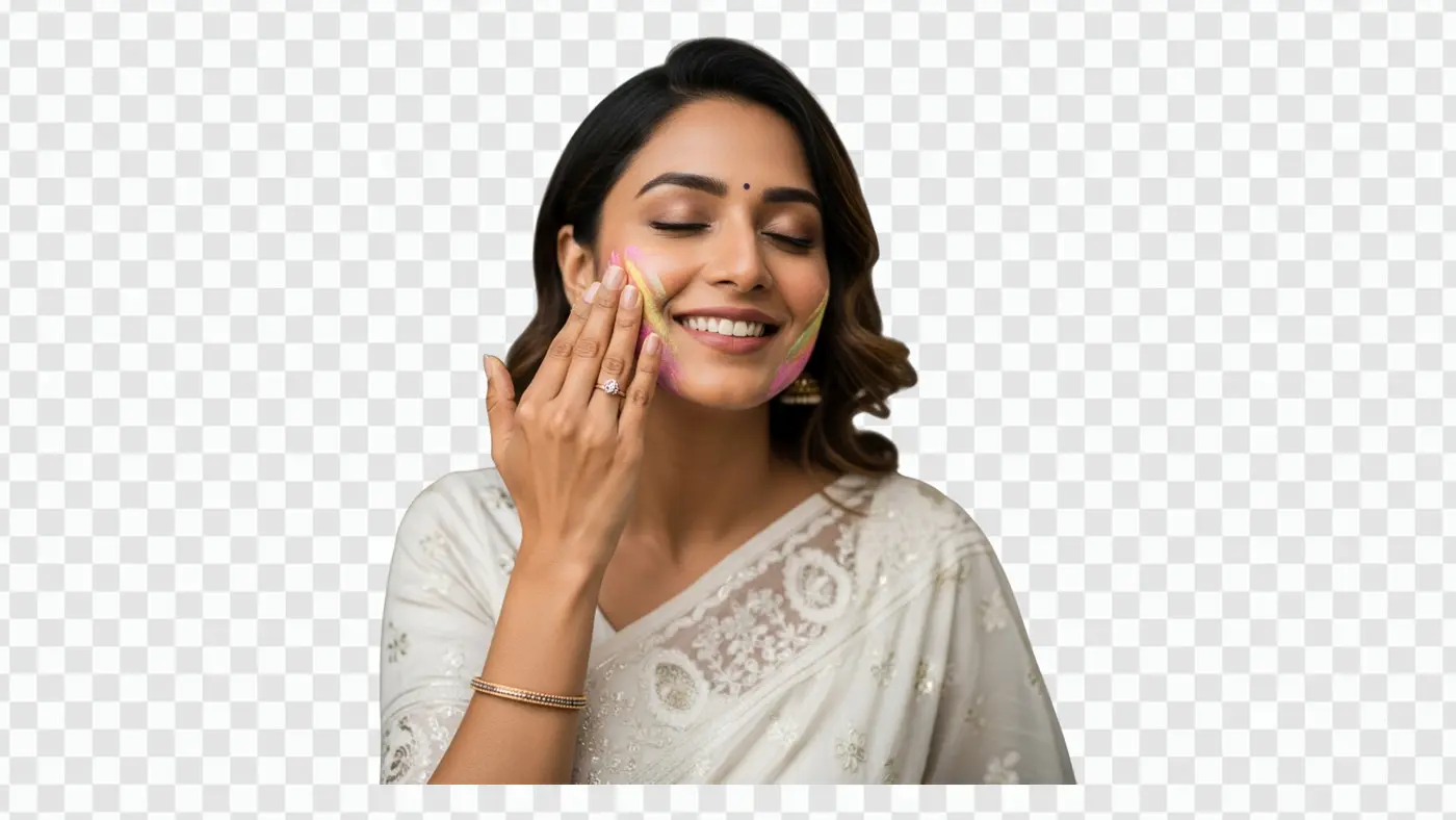 Serene Indian Woman Applying Holi Colors Face PNG