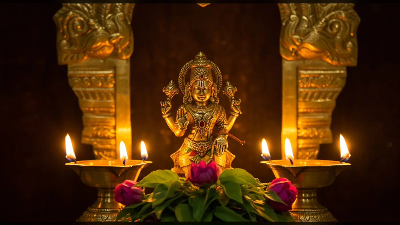Golden Lakshmi Devi Idol with Deepams and Lotus Flowers | AIClips Indian Puja Decor