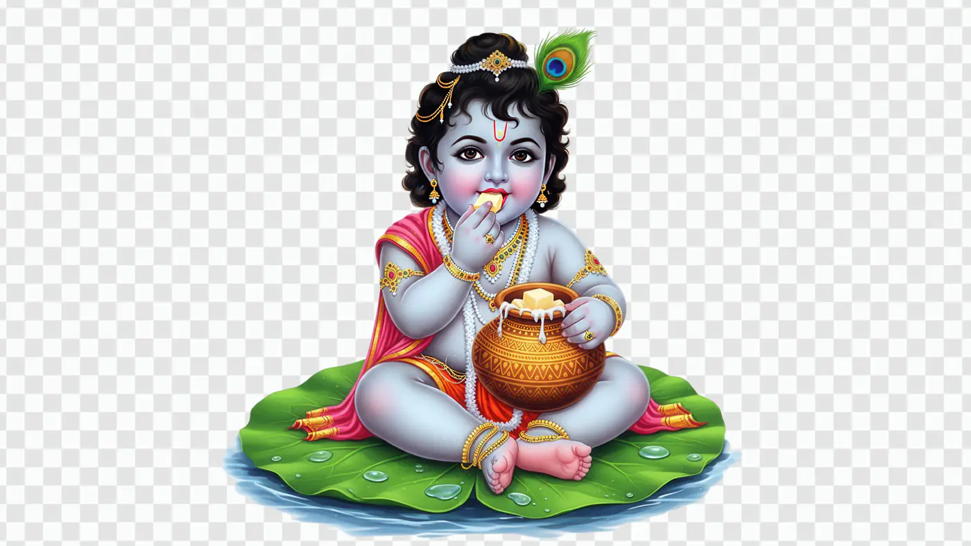 Playful Baby Krishna on Lotus Leaf PNG