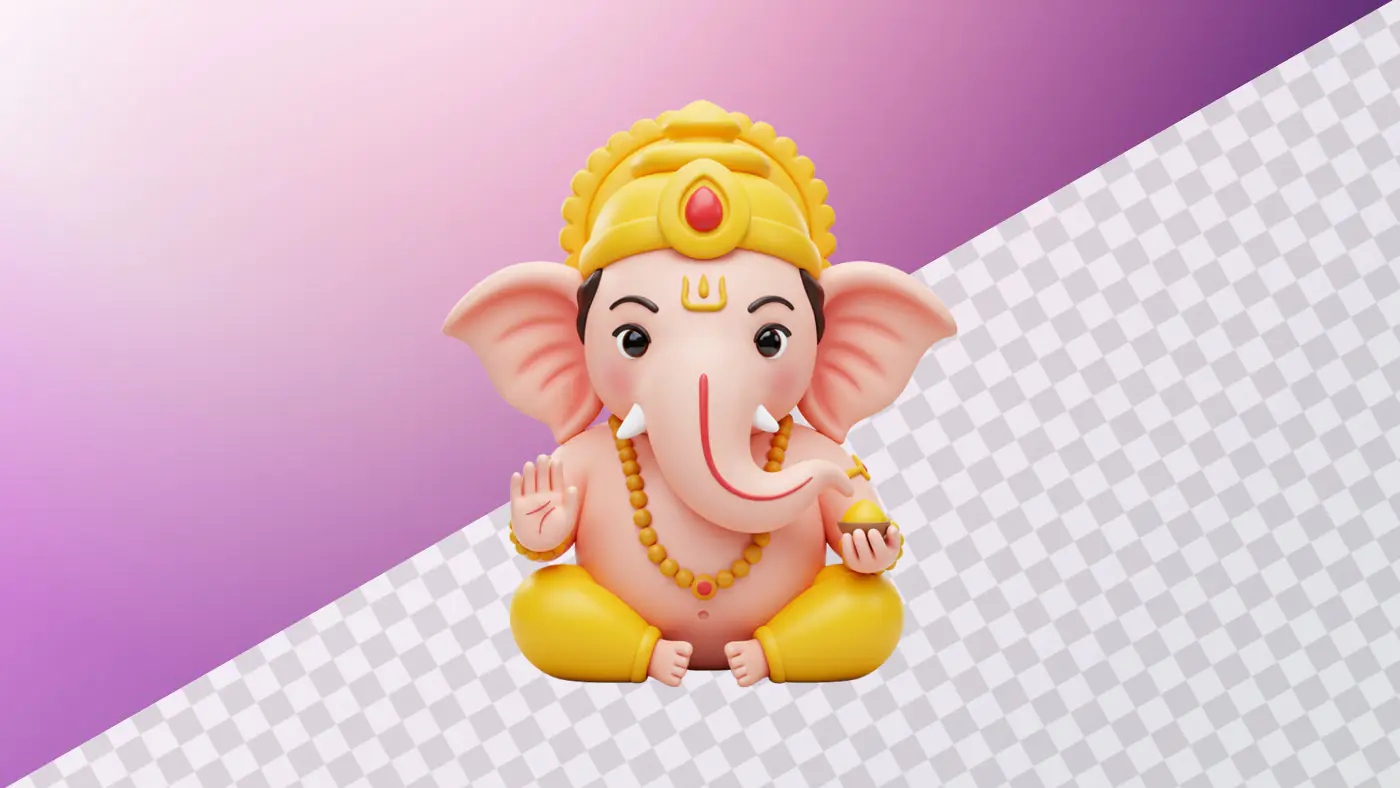 Cute Ganesha 3D model with golden crown and pants
