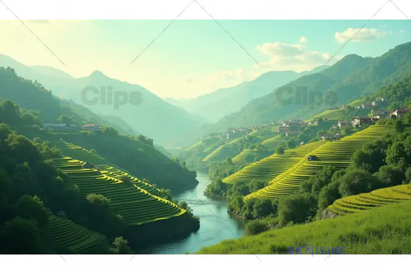 Picturesque Terraced Rice Fields with River in Mountain Valley