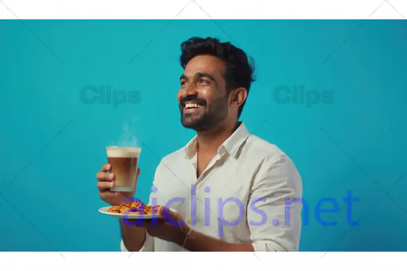 Smiling Man with Coffee and Snacks