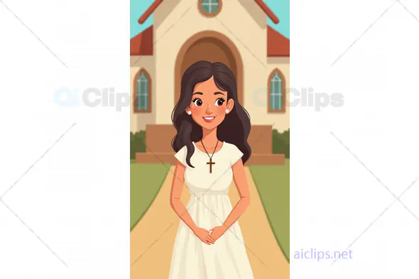 Cartoon Woman Smiling in White Dress with Cross Necklace in Front of Church