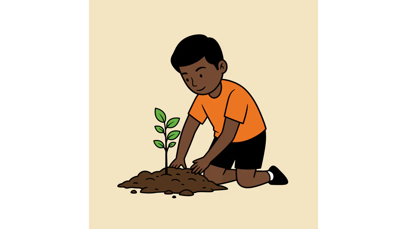 Young Boy Planting Sapling Vector