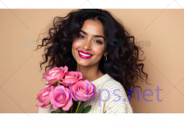 Smiling Woman Holding Pink Roses