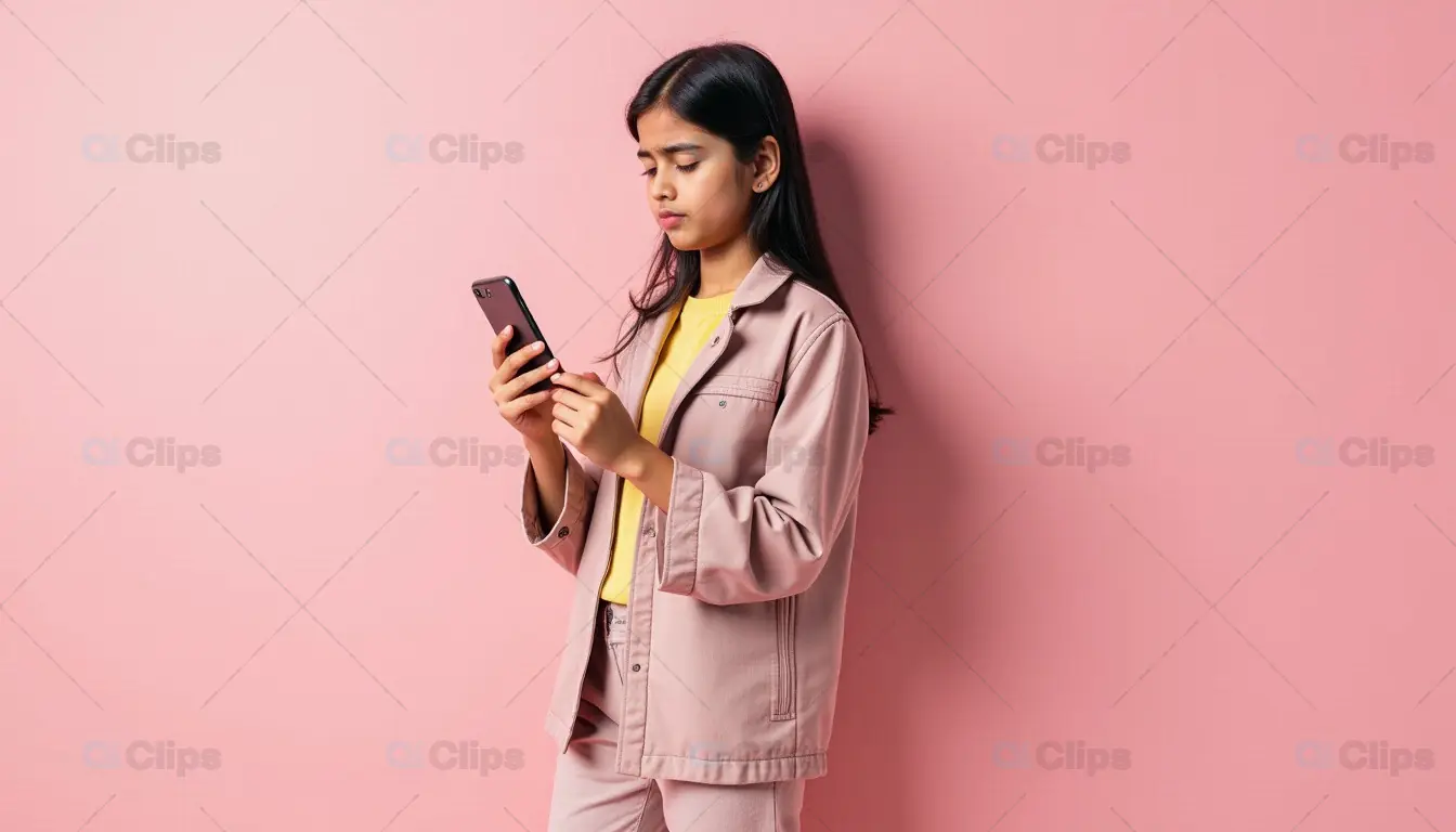 Young Woman Using Smartphone Against Pink Background
