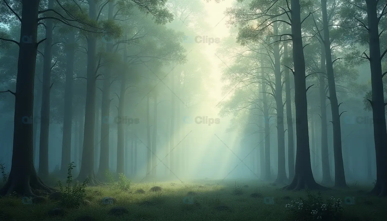 Misty Forest with Sun Rays Breaking Through Trees