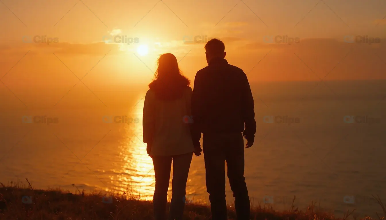 Couple Watching Sunset Over Ocean