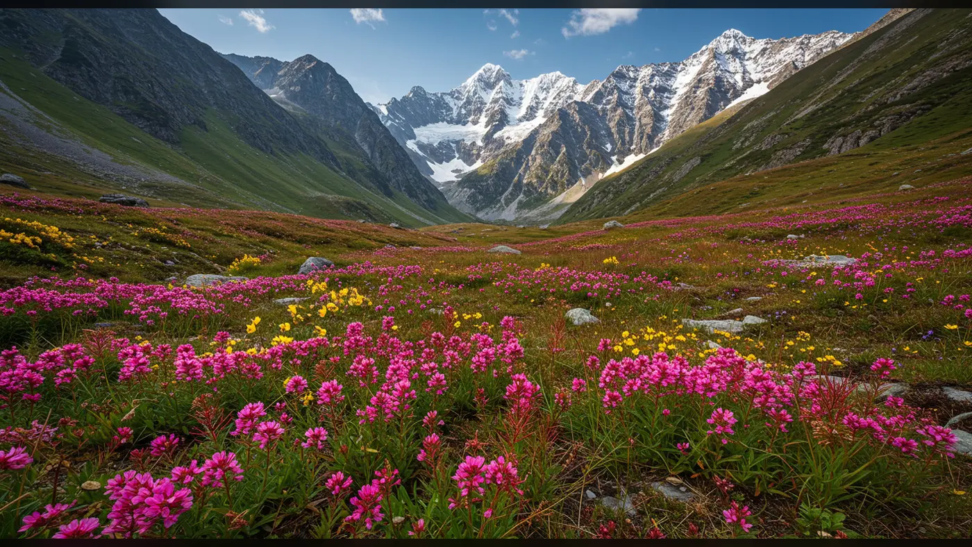 Blooming Himalayan Valley with Snow-Capped Peaks and Alpine Flowers