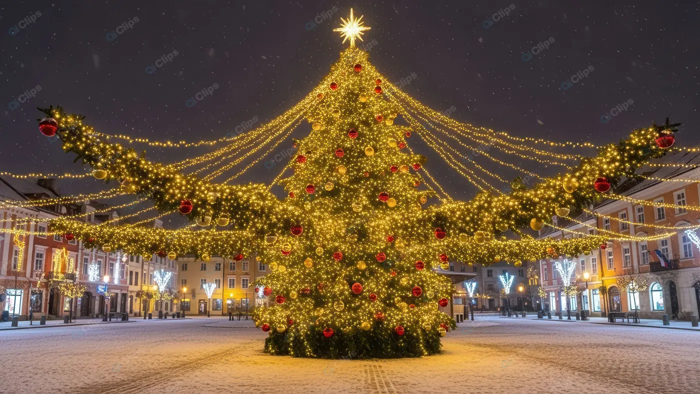 Majestic Christmas Tree in a Snowy Town Square